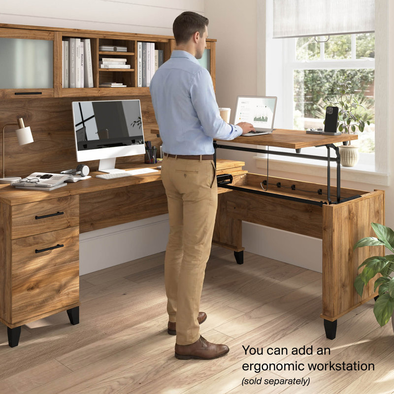 Paelynn 72” Office Desk with Hutch and Drawers, Computer Office Desk with Storage, Modern Wood, Fresh Walnut, Fresh Walnut