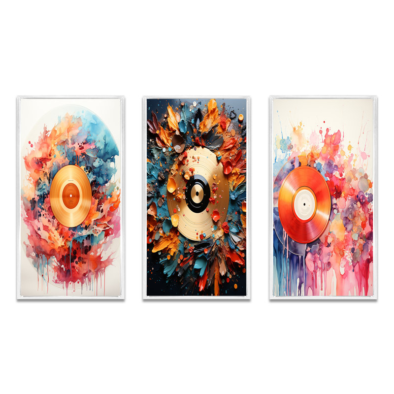 «Colorful Vinyle Grooves», 3 pièces sur toile, Cadre blanc, H 20 po x l 36 po