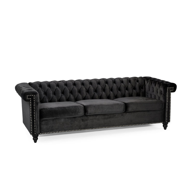 Fauteuil 3 places en velours noir avec capitonnage classique et tissu doux