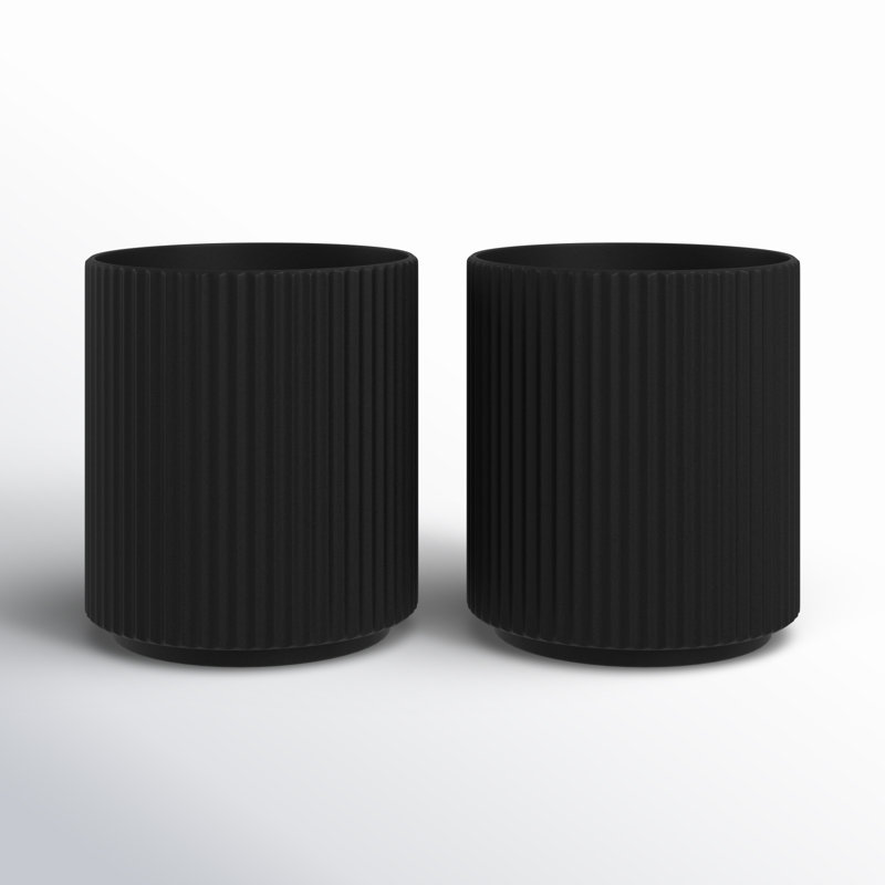 Black Fluted Plastic-Stone Round Planter Set