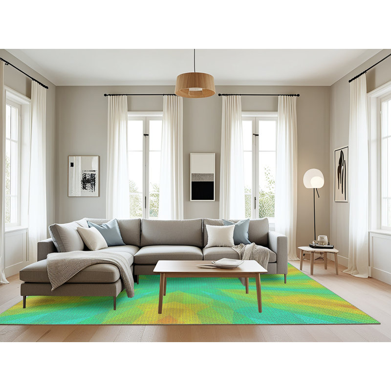 Tapis vert/jaune tissé à la machine, Rectangle 8 pi x 10 pi