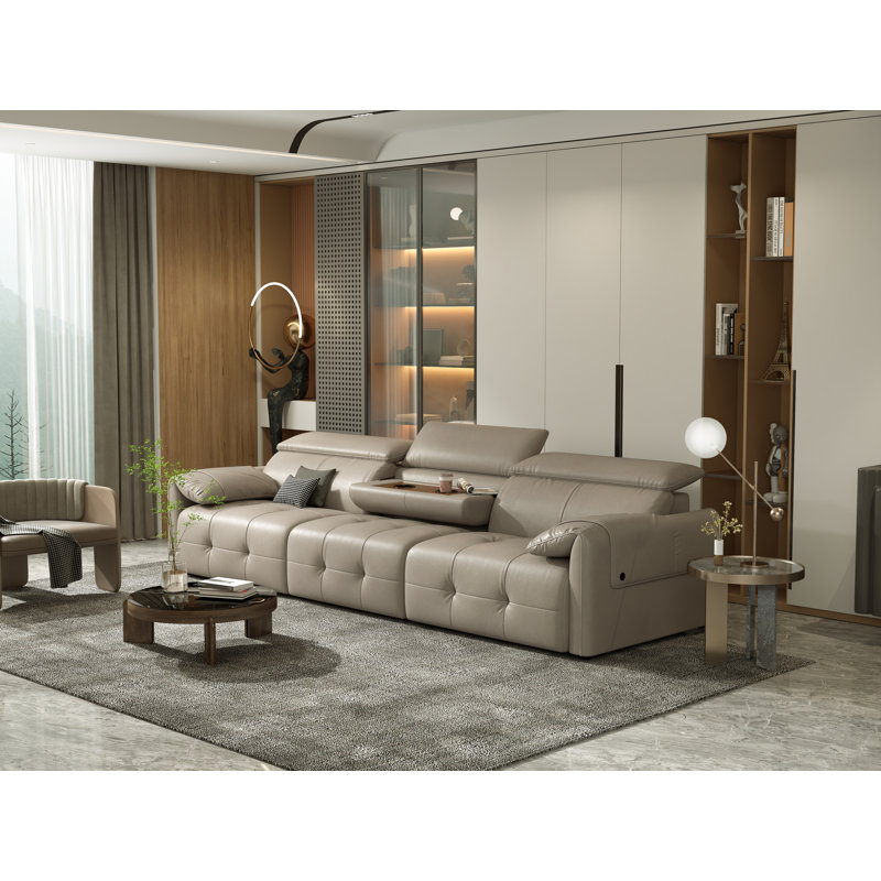 122" Genuine Leather Modern Modular Sofa with Adjustable Headrest and Cupholder, Beige