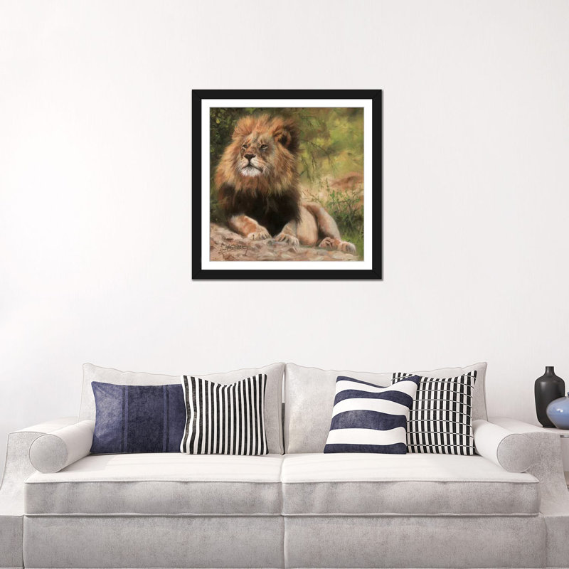«Lion Laying Down», impression sur toile, H 24 po x l 24 po x P 1 po, Papier d'art encadré noir, Blanc