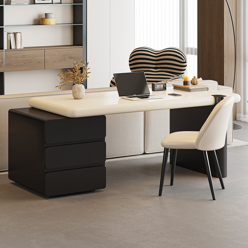 Bureau blanc et noir en bois manufacturé rectangulaire + fer avec 3 tiroirs, H 29,53 po x l 62,99 po x P 23,62 po