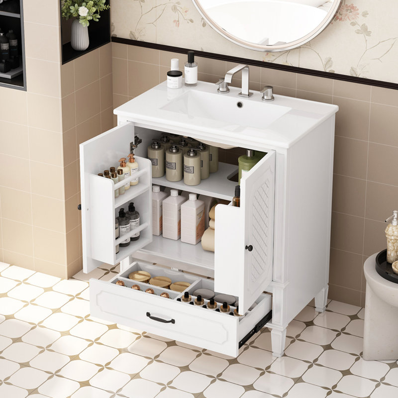 Meuble-lavabo 30 po avec lavabo style rétro, espace de rangement multifonctionnel, tablette de porte, porte à fermeture en douceur