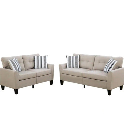 Modern Beige For Home - 2pc & , Solid Pine Frame, Plywood Base Panel, Glossy Polyfiber, Flared Arms, Cushion Back Contemporary In Polyfiber Base, Wooden Legs, Strips Pillows