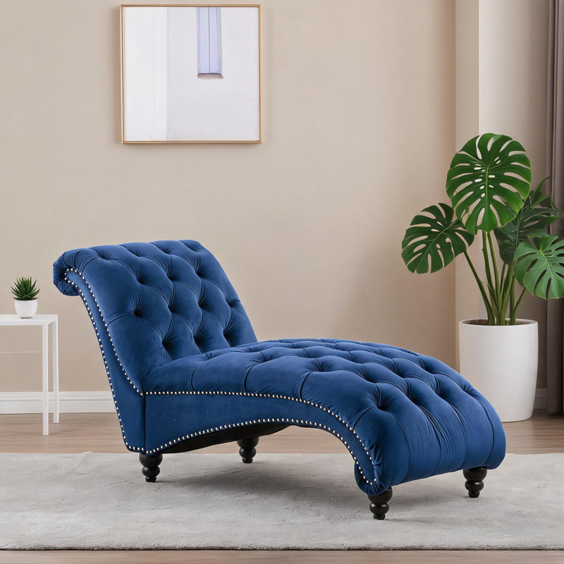 Méridienne capitonnée compacte en tissu bleu riche pour salon et chambre à coucher, Blue