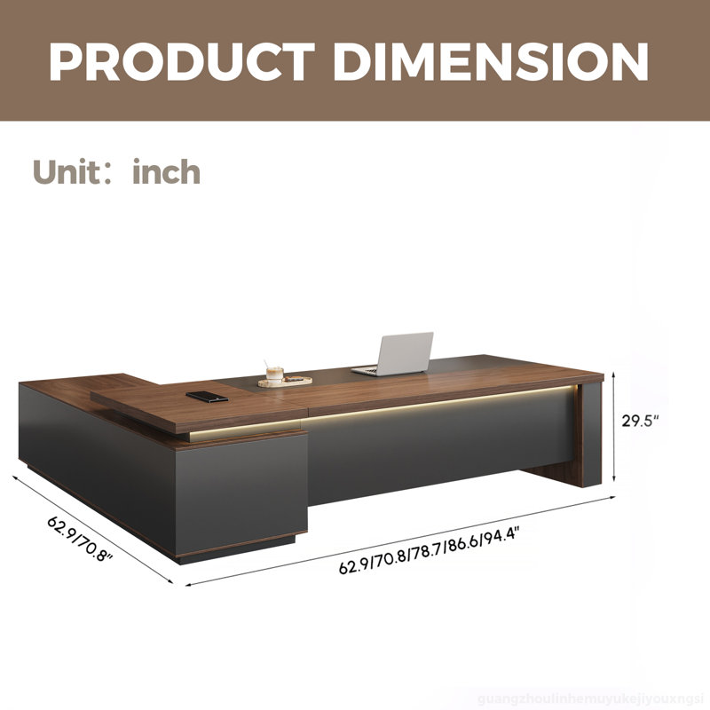 Luxe Executive L-Shaped Desk With Digital Lock & Cable Management, Brown/Black, 29.53" H x 70.87" W x 62.99" D