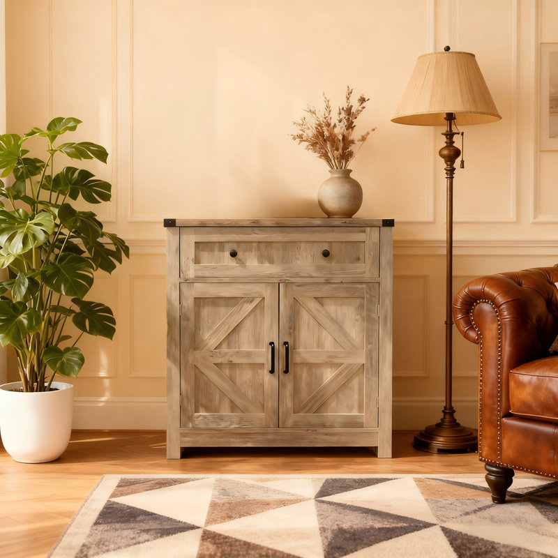 Light Gray-Washed Wood Farmhouse Barn-Door Storage Buffet Sideboard With Drawer For Kitchen Living Room, Brown