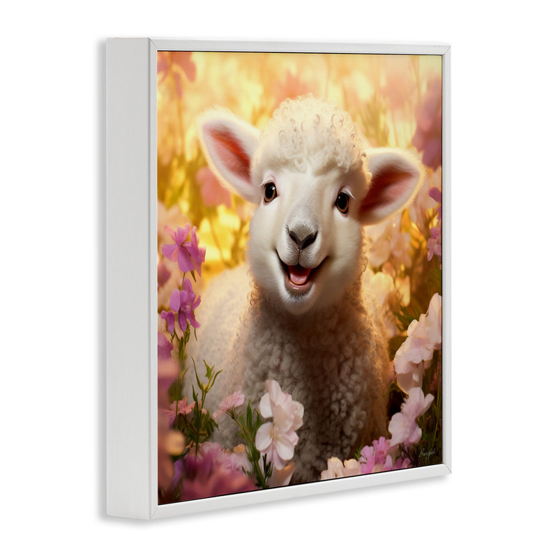 White Framed Lamb in Flower Meadow Canvas Print, 12" x 12"