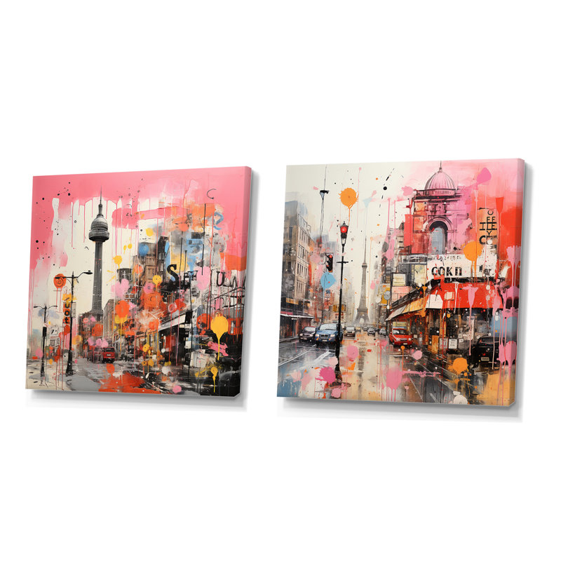 «Pink Vibrant Berlin Cityscape I», ensemble de 2 impressions sur toile Berlin, Toile tendue, H 30 po x l 61 po x P 1 po