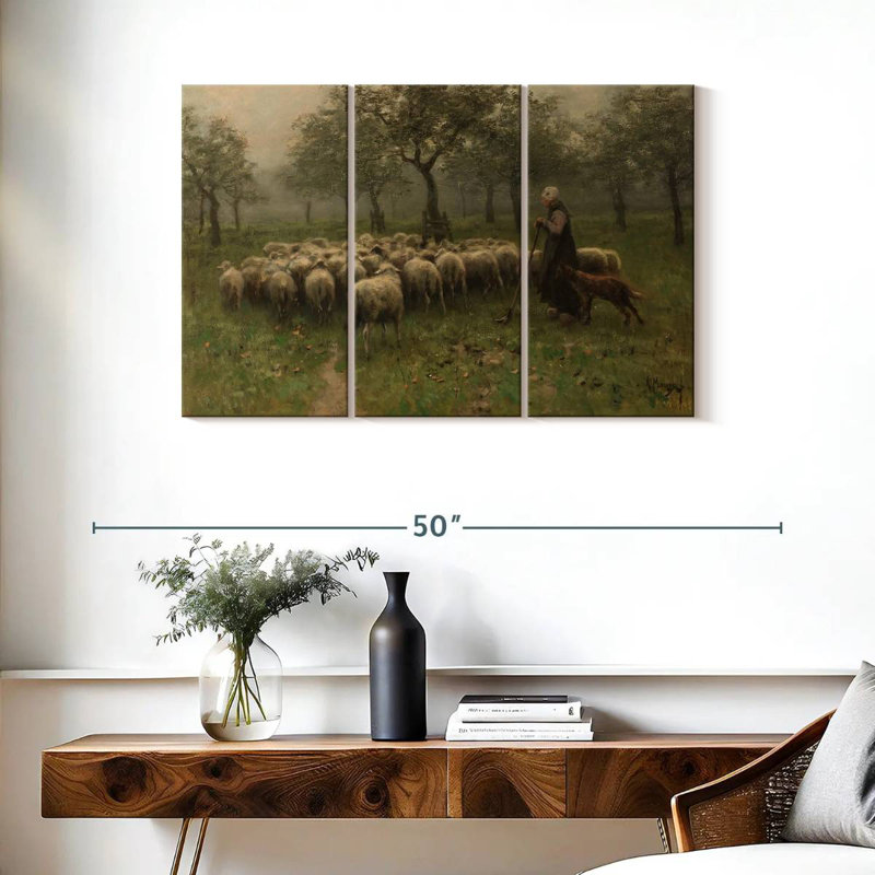 Bergère avec un troupeau de moutons, H 24 po x l 38 po