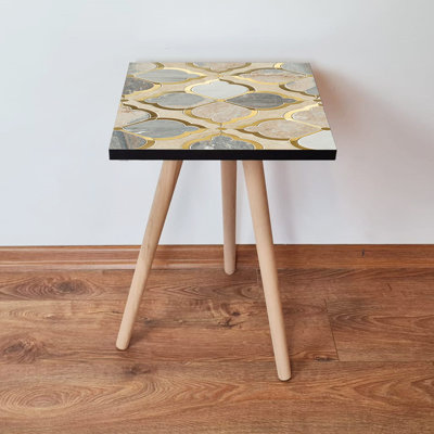 Table d'appoint moderne avec pieds en bois de hêtre, beige, or et gris, 13,8 po x 16,5 po x 13,8 po | 100% panneau de fibres à densité moyenne, épaisseur: 0,7 pouce | Conception géométrique élégante, parfaite pour le décor du salon et de la chambre à coucher, solution peu encombrante