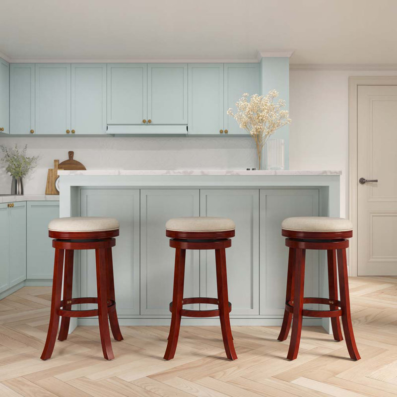 Tabourets de bar pivotants rembourrés en tissu sans dossier, Cerisier, Beige