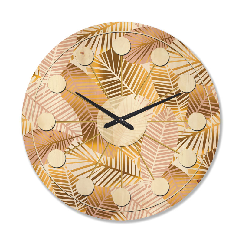 Golden Palm Leaves II - Horloge murale Mid-Century, Grand