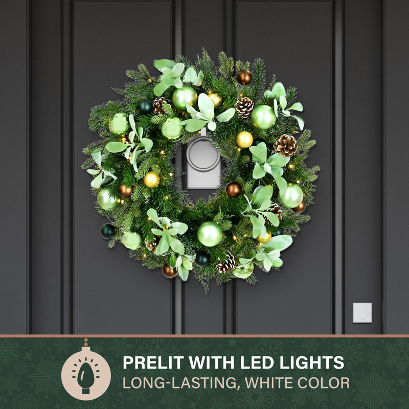 24-Inch Green and Brown Artificial Christmas Wreath with Pinecones and LED Lights