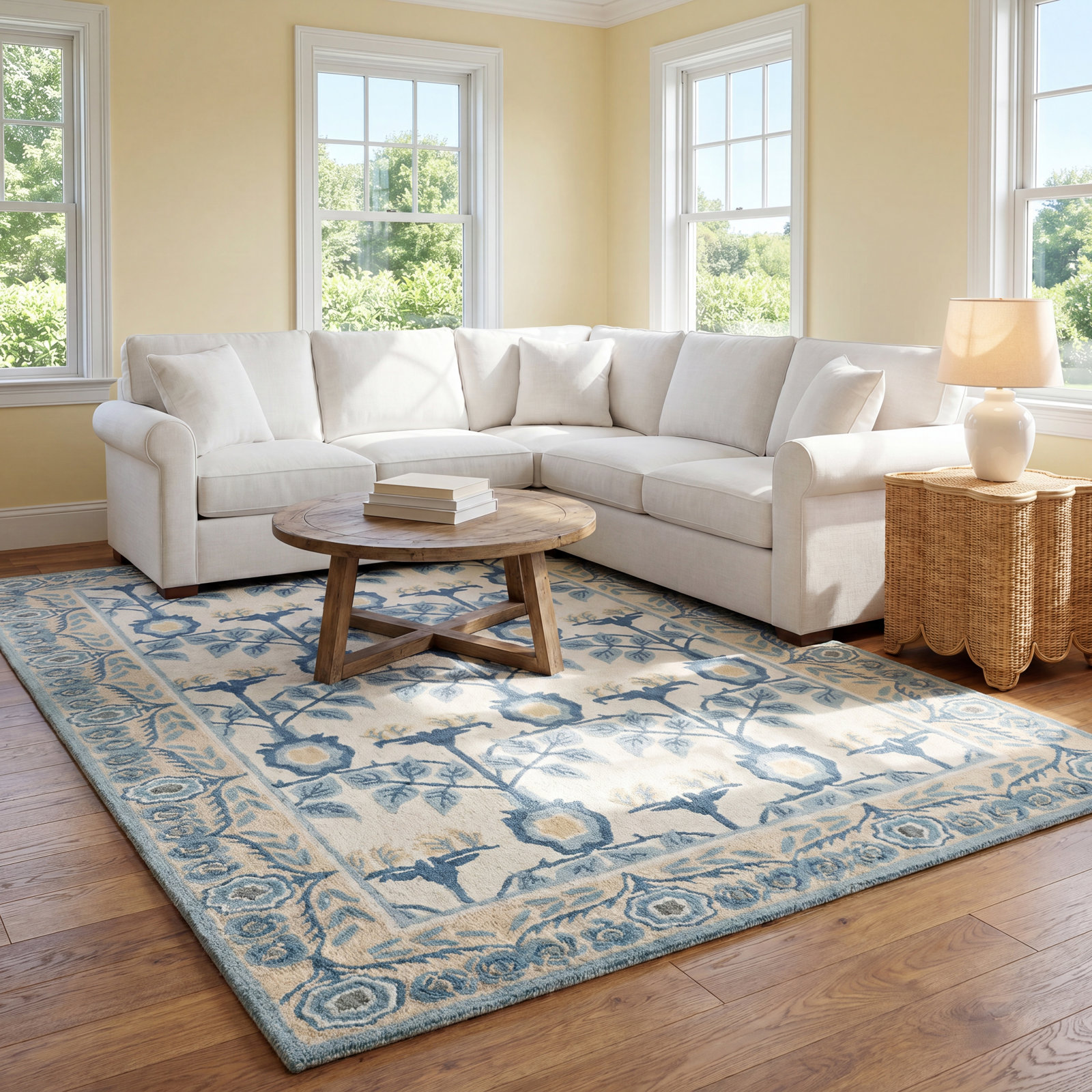 Louella Hand-Tufted Ivory/Blue Floral Wool/Cotton/Viscose Rug, Rectangle 4' x 6'