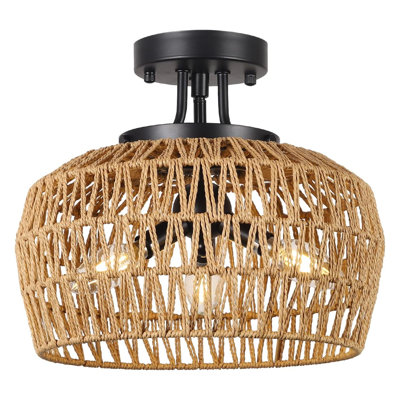 Plafonnier semi-encastré à la main en rotin - lustre tissé Boho avec cadre en métal noir, luminaire en osier naturel 3 lumières pour la chambre à coucher et le salon