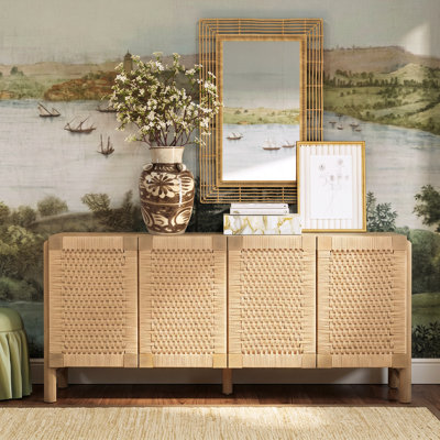 Tavik Natural Farmhouse Accent Cabinet with Handwoven Paper Rope Doors and Solid Wood Legs