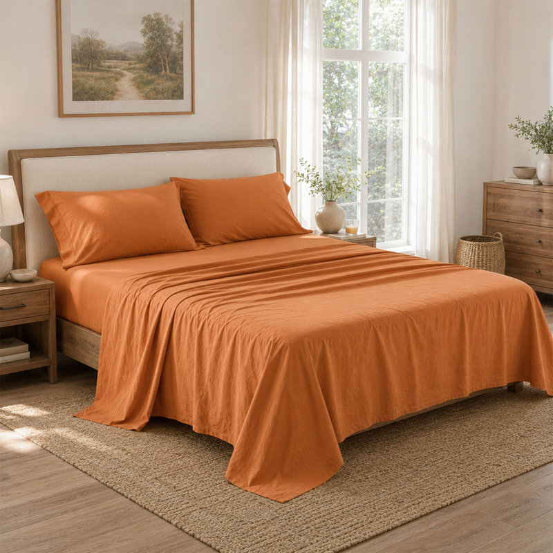 Ensemble de draps en coton délavé 4 pièces avec poches extra profondes, Orange