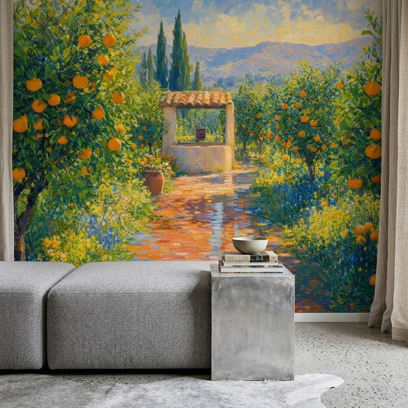 Papier peint mural représentant un verger méditerranéen, des orangers et un sentier de jardin ensoleillé., 200"x120"