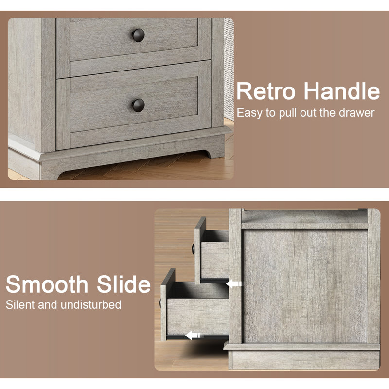 2 Drawer Danforth with Storage and Built-in Charging Station, Gray