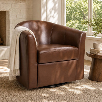 Upholstered Faux Leather Swivel Barrel Accent Chair