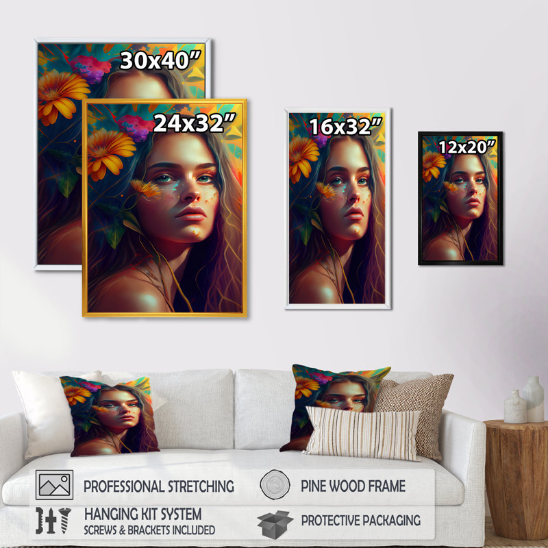«Colorful Tropical Woman Portrait II», impression sur toile, H 20 po x l 12 po x P 1 po, Toile avec cadre flottant or