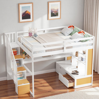 Lit mezzanine avec bureau, tablettes, 2 tiroirs intégrés et escalier de rangement