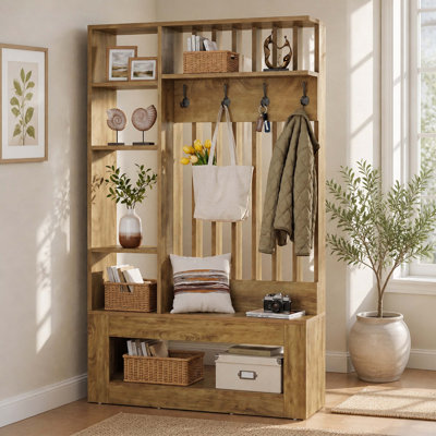 70.8" H Freestanding Functional Room Divider, Partition Screen with Display Shelves and Coat Hooks for Entryway