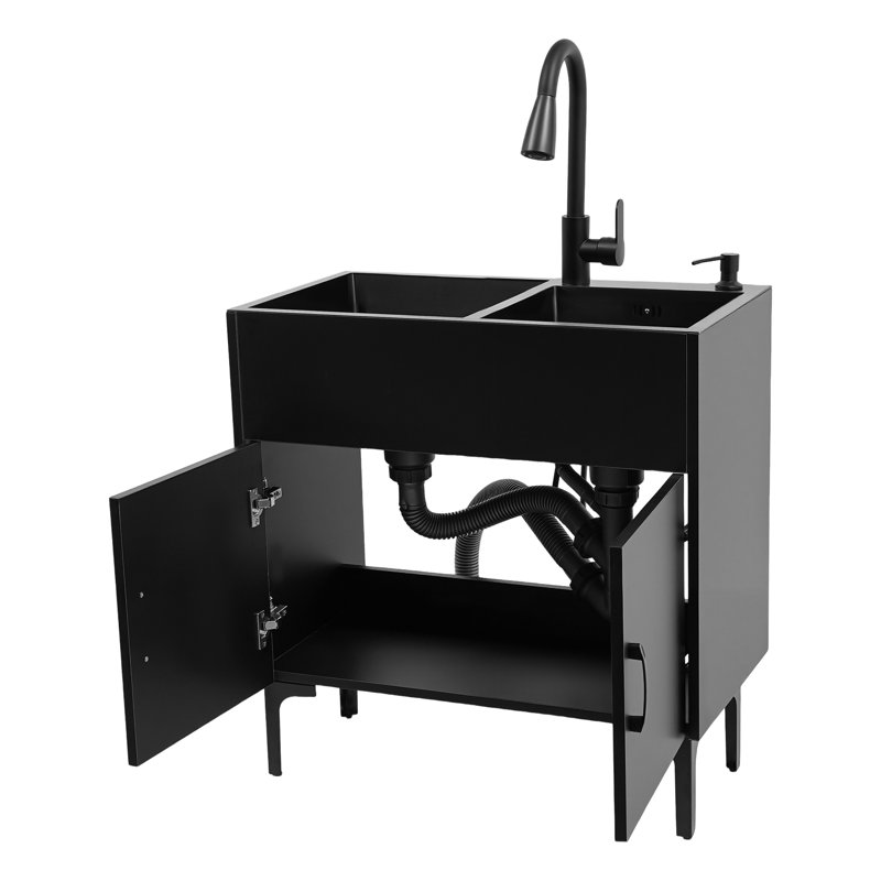 Laundry Sink With Pull-Out Faucet And Cabinet, Matte Black