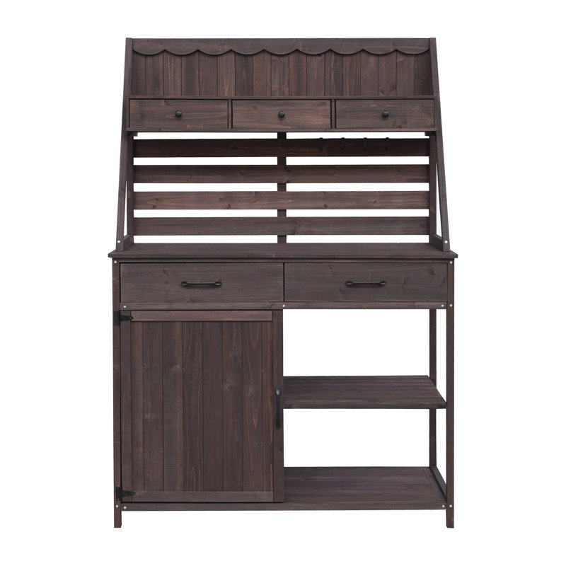 Banc de jardinage en bois de sapin brun - poste de travail de jardin à 5 tiroirs avec panneau arrière à lattes et armoire de rangement