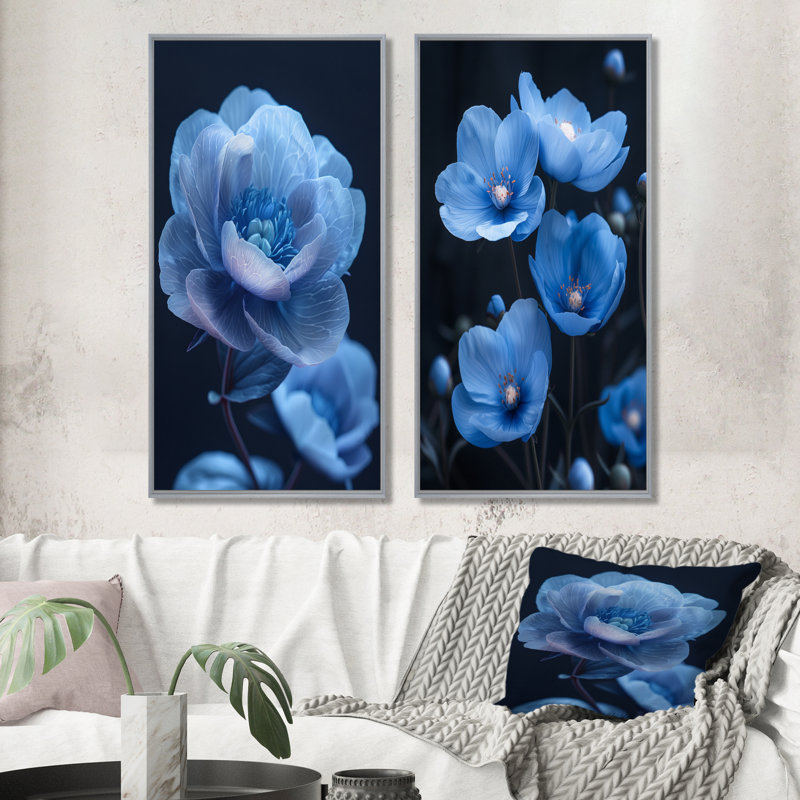Ensemble de 2 pivoines bleues et noires Noirurnal Nirvana I - pivoines, H 28 po x l 24 po, Impression encadrée, Argent argent