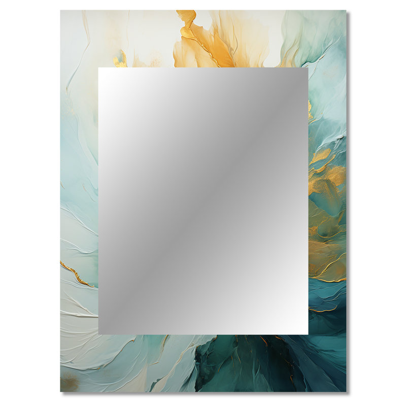 Gold And Teal Aurora Harmony - Abstract Spirals Large Mirror, Modern Unique Wall Mirror Decor, Printed Metal Art, 40" x 30"