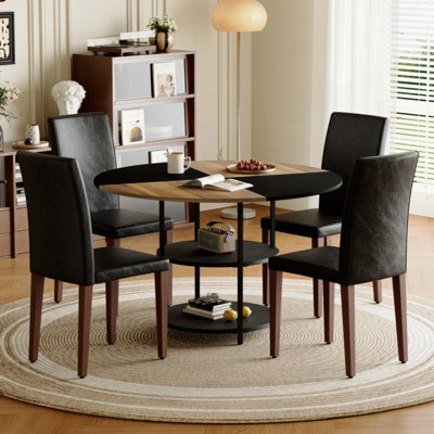 Table And Chair Set.A 47.3-Inch Diameter Modern Spliced Color Circular Dining Table - Double-Layer Storage.Paired With Technology Fabric Dining Chairs, Simple And Versatile, Comfortable.