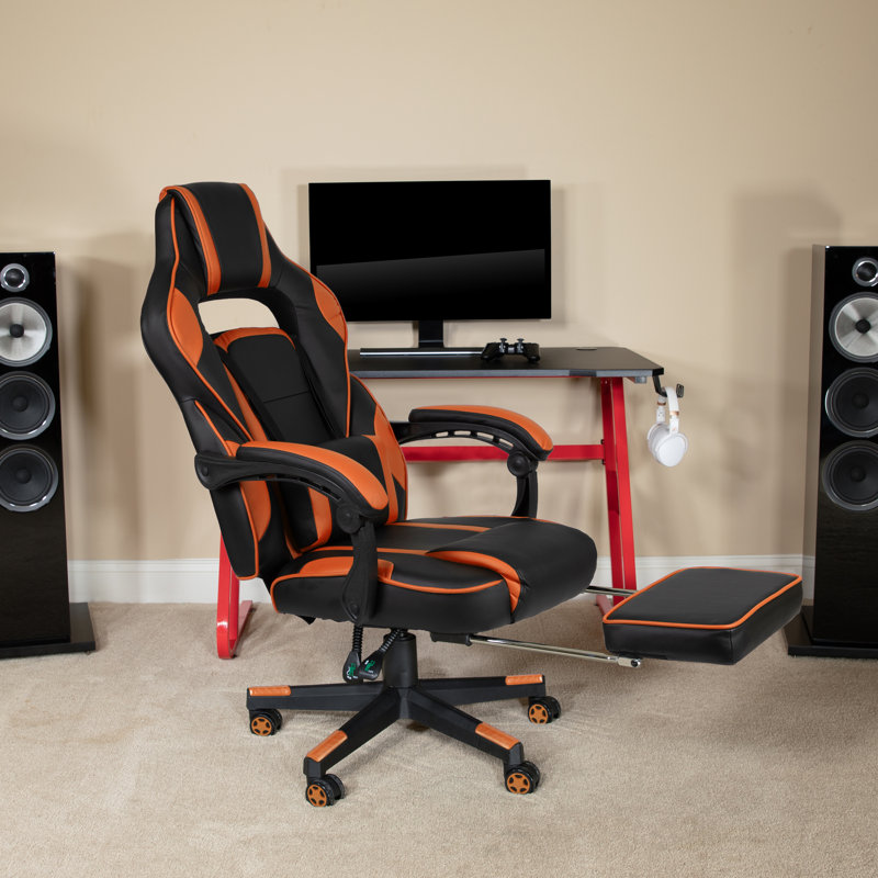 Massaging Adjustable Ergonomic Swivel Computer Gaming Chair with Fully Reclining Back and and Slide-Out Footrest