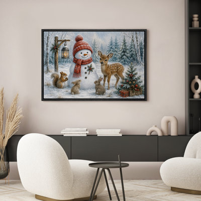 «Christmas Snowman with Woodland Animals Winter Scene», reproduction d'art sur toile encadrée dans la chambre principale