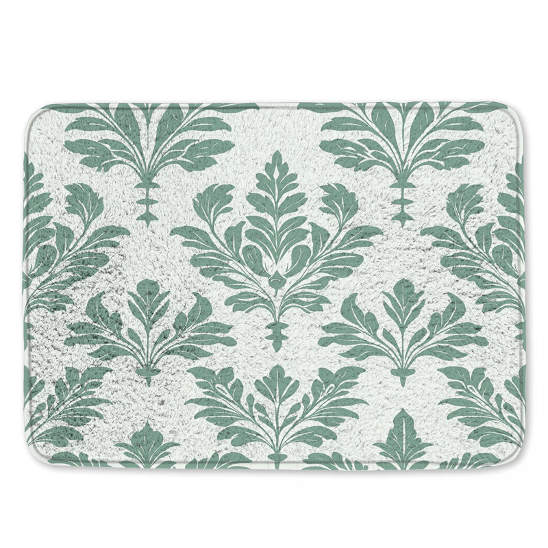 Green Leafy Damask Bath Mat, 24in W x 17in L