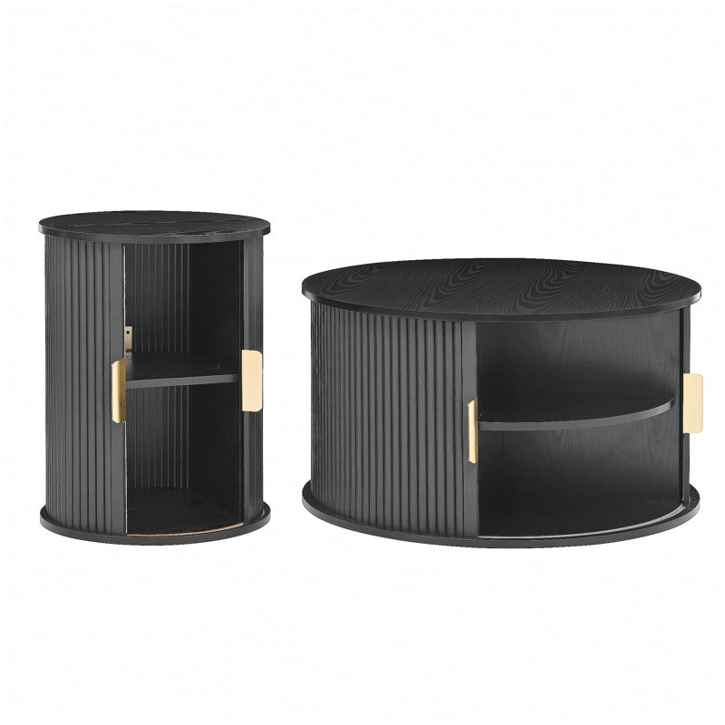 Mid-Century Modern Coffee Table Set with Sliding Tambour Door and Round End Table with Storage, Fluted Design & Golden Handles, Set of 2 Living Room Tables