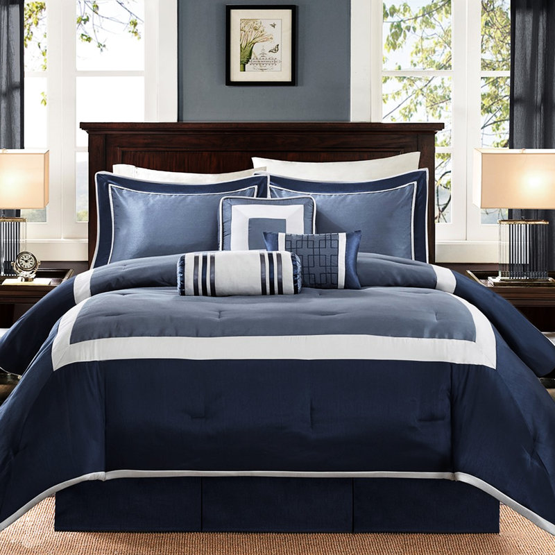 Couette 7 pièces bleu marine pour lit king, tons neutres, literie classique pour chambre King, luxe