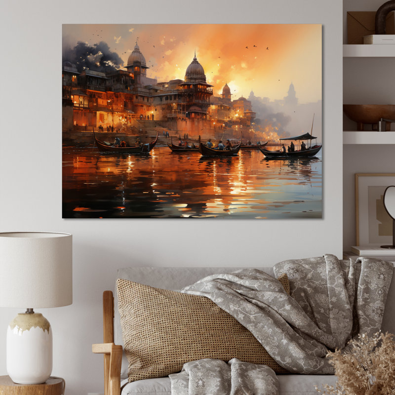 Indian Art Sunset At - Art mural indien, Toile tendue, H 16 po x l 32 po x P 1 po