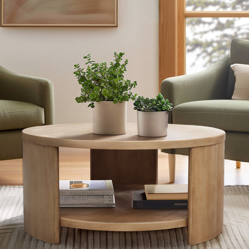 Table basse ronde en bois avec tablette, simple et élégante, avec rangement fixe de 36 po de diamètre x 18 po de hauteur, design moderne