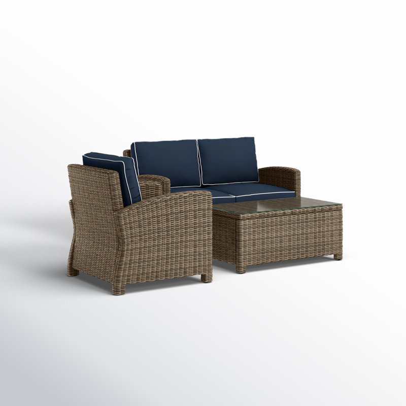3 - Person Patio Conversation Set with Cushions, Navy Velvet, Brown