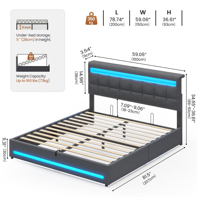 Ottoman Bed Frame with Charging Station & LED Lights, Upholstered Platform Bed frame with Under-bed Storage and Storage Headboard, No Box Spring Needed