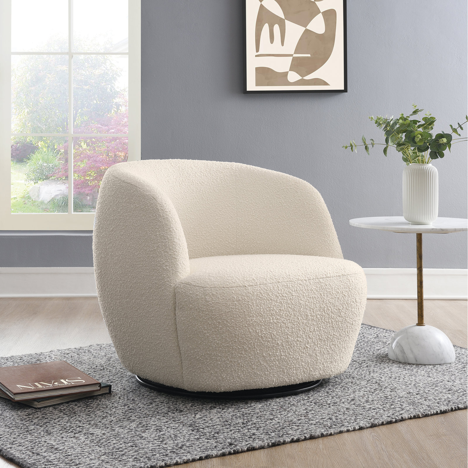 Agridaki Pine Swivel Armchair, Ivory Polyester