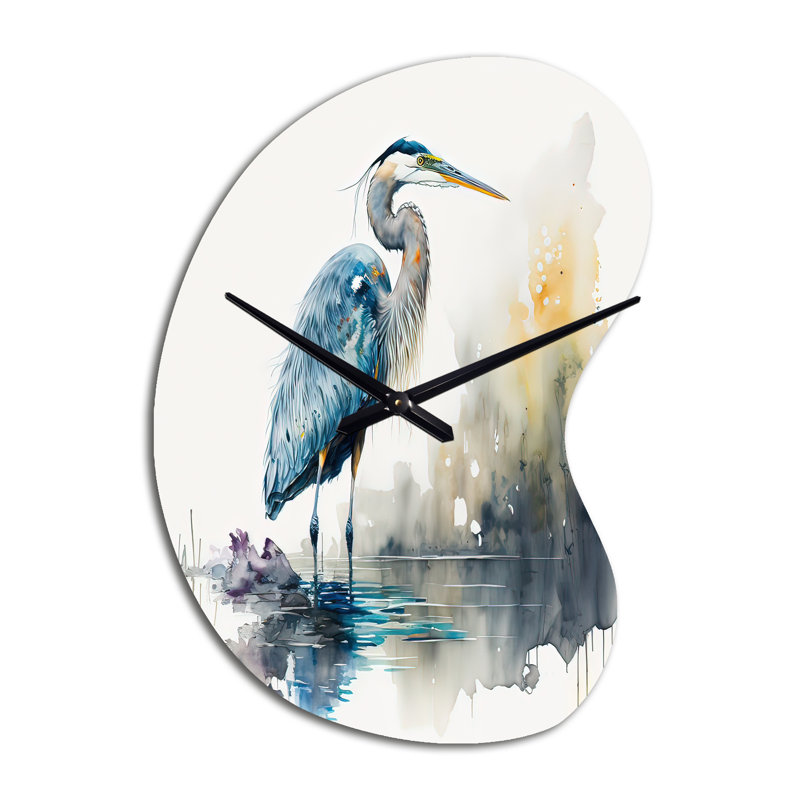 Mignon héron dans un lac, art floral III - Héron, horloge murale asymétrique, Grand