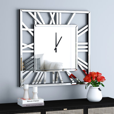 Large Wall Clock with Mirrored Glass Frame, 31" Decorative Silent Quartz Clock for Living Room