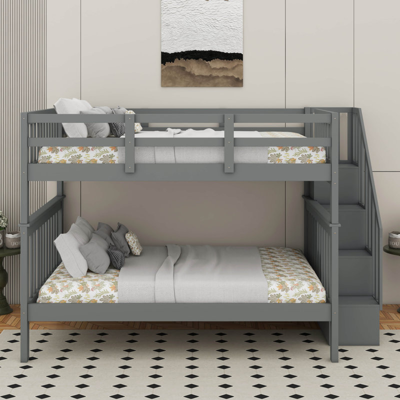 Full Over Full Bunk Bed With Storage, Gray