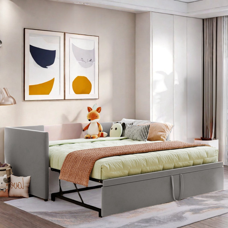 Upholstered Daybed with Pop Up Trundle Amala, Gray