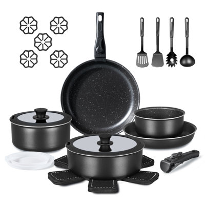 Batterie de cuisine 24 pièces antiadhésive, poignées amovibles, empilables, batterie de cuisine pour véhicule récréatif, noir